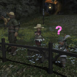 Nononpa performs the Consider emote near Fufucha, the headmaster of the Botanists' Guild.